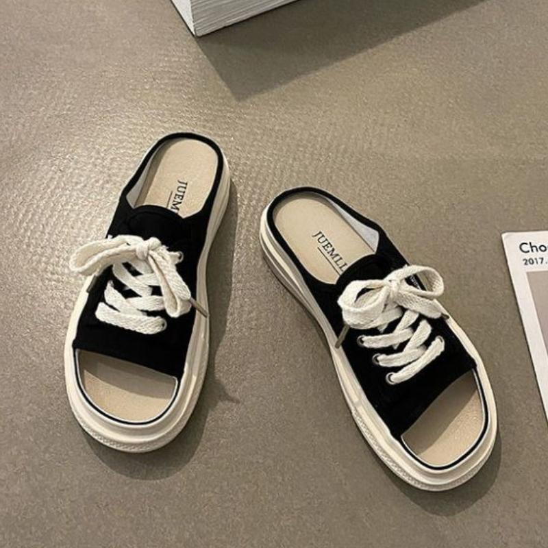 Open Toe Sandals With Strap Woman Slippers Outside Soft Canvas Shoes for Women Thick Slides New Collection Casual Vip Style Shoe
