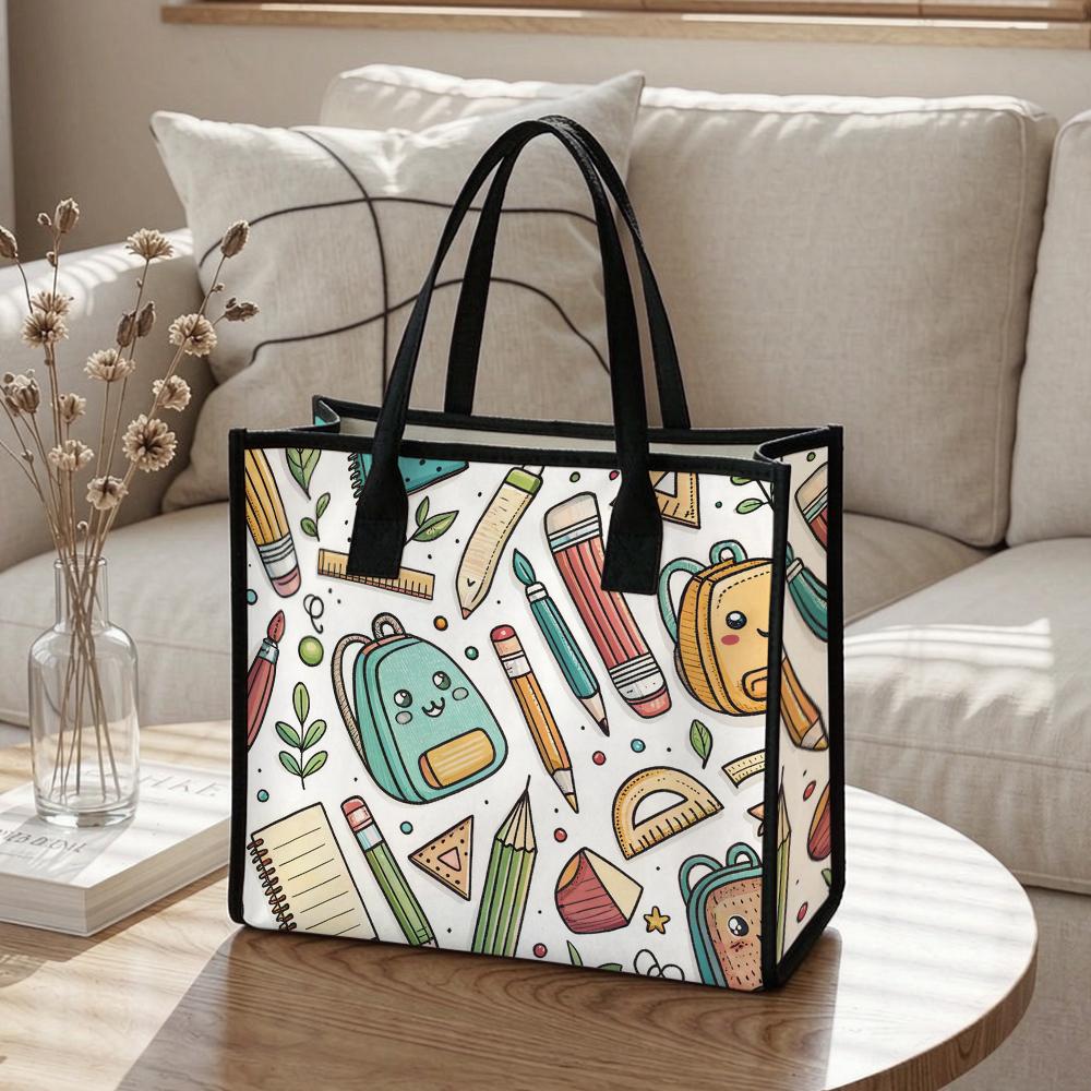 Cute Stationery Print Tote Bag Portable Stylish Daily Carry Handbag