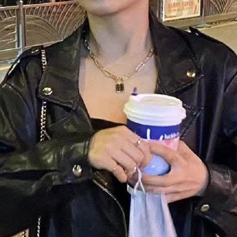 Stainless steel chain necklace with titanium steel lock pendant - hip hop punk style accessory