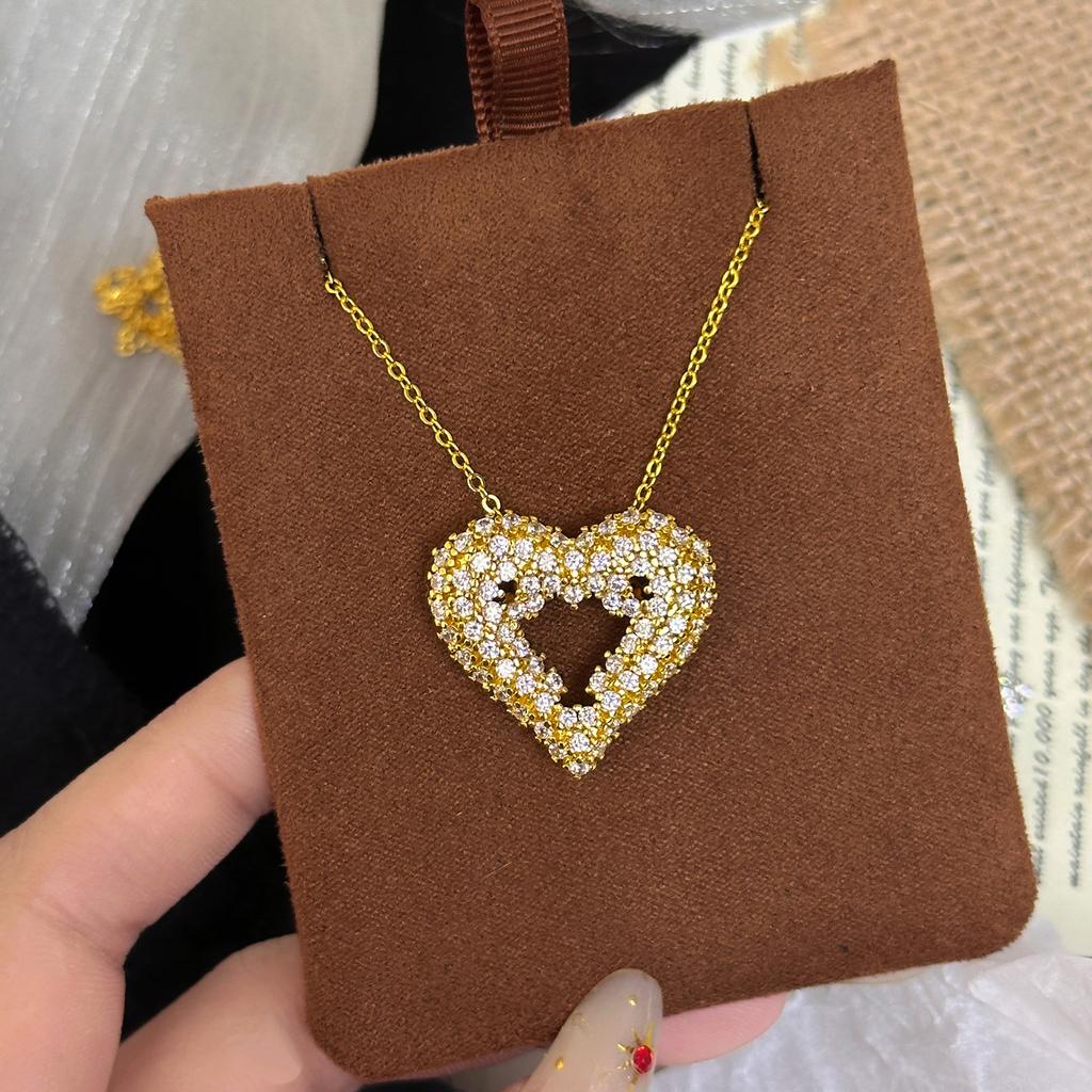 Full Diamond Bright Love Necklace Raw Sweet Versatile Hollow Heart Collarbone Chain