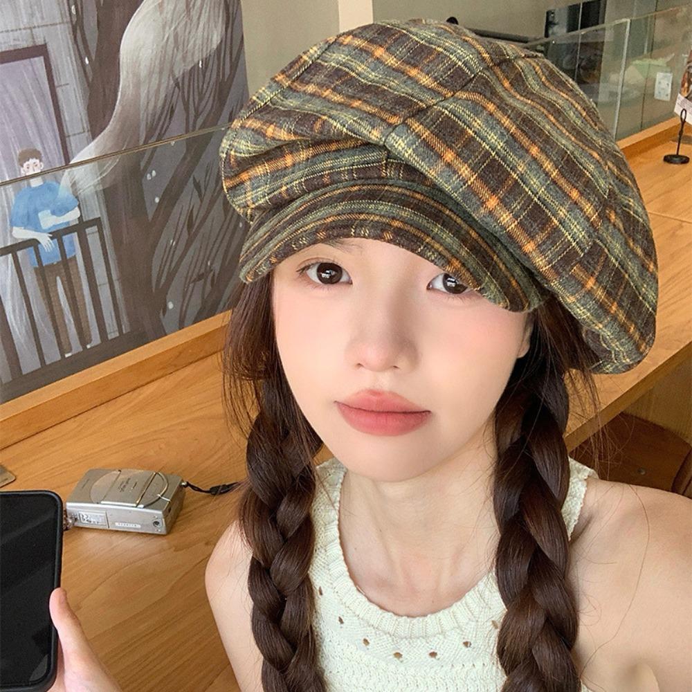 

Polyester Grid Beret Cap Cotton Women Octagonal Hat Vintage Plaid Cloud Cap Spring синій