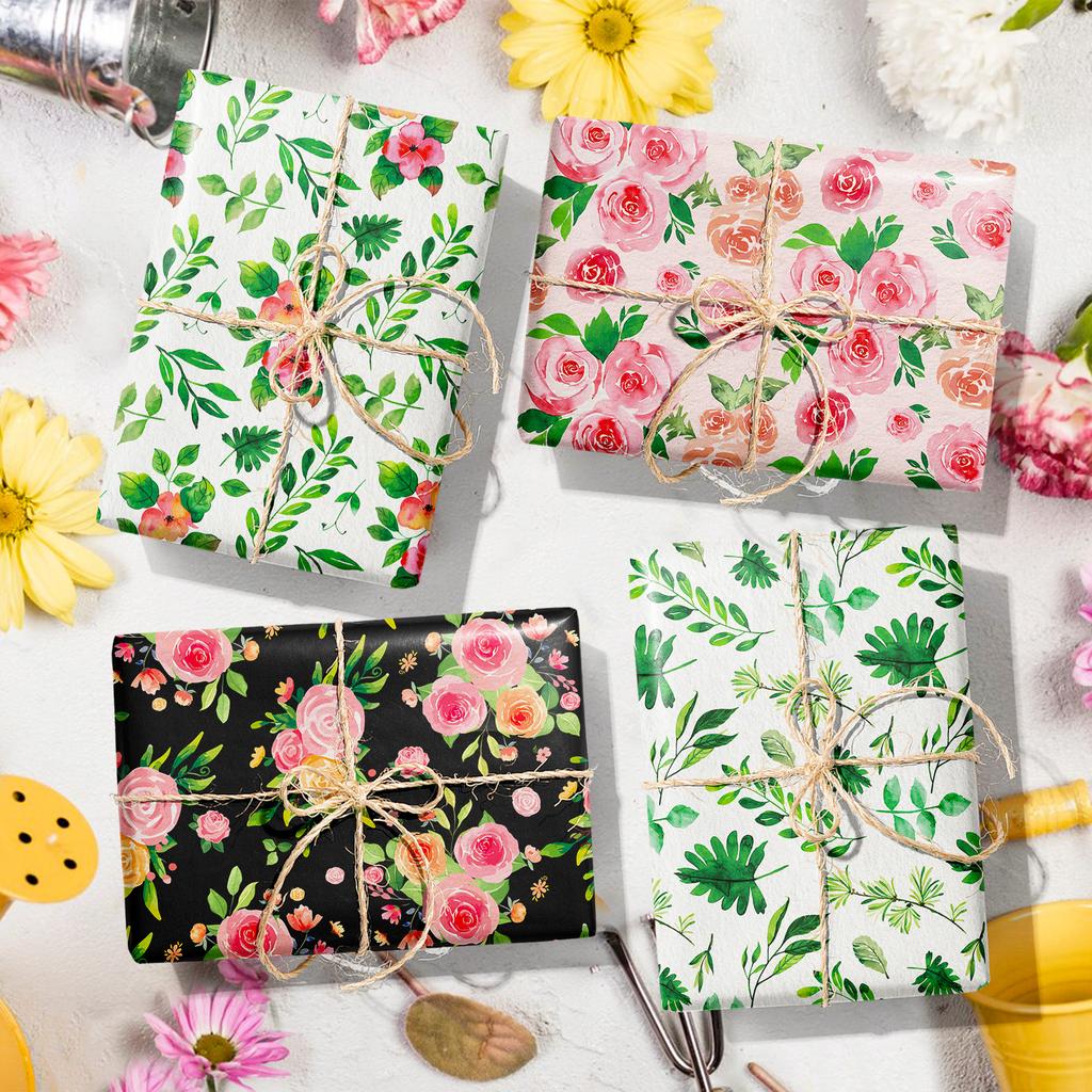 12 Sheets Gift Wrapping Paper Floral Rose Pattern Valentine's Day Bouquet Gift Packaging Paper Birthday Party Decoration Paper