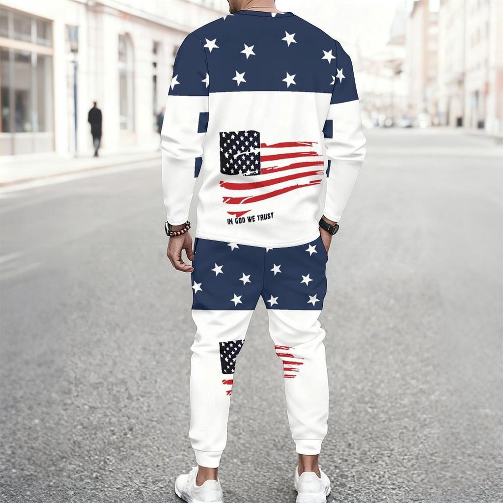 Men Torn Ripped Effect American Flag Star Print Long Sleeve Sweatshirt And Jogger Pants Two Piece Outfit