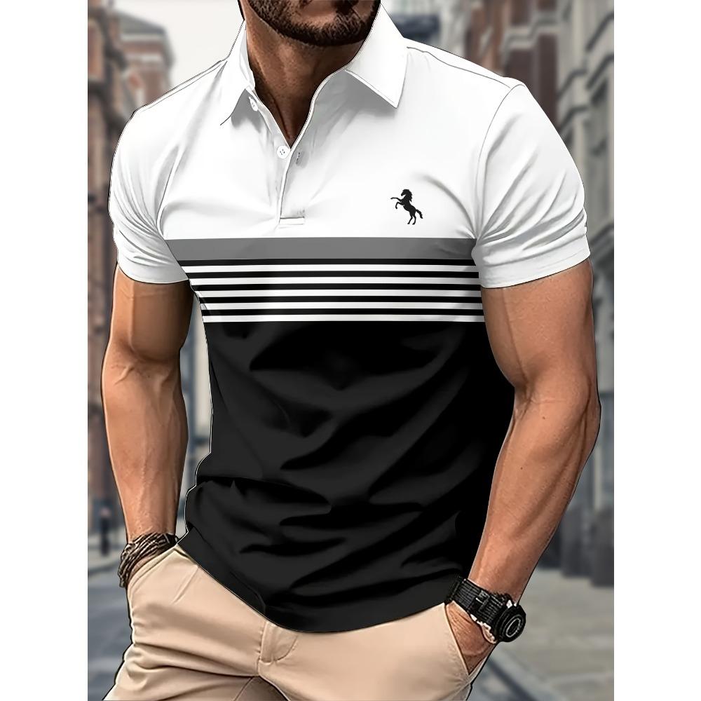 Fashion Men'S Casual Striped Polo Shirt, 100% Polyester Fabric, Regular Fit with Slight Stretch, Button Collar