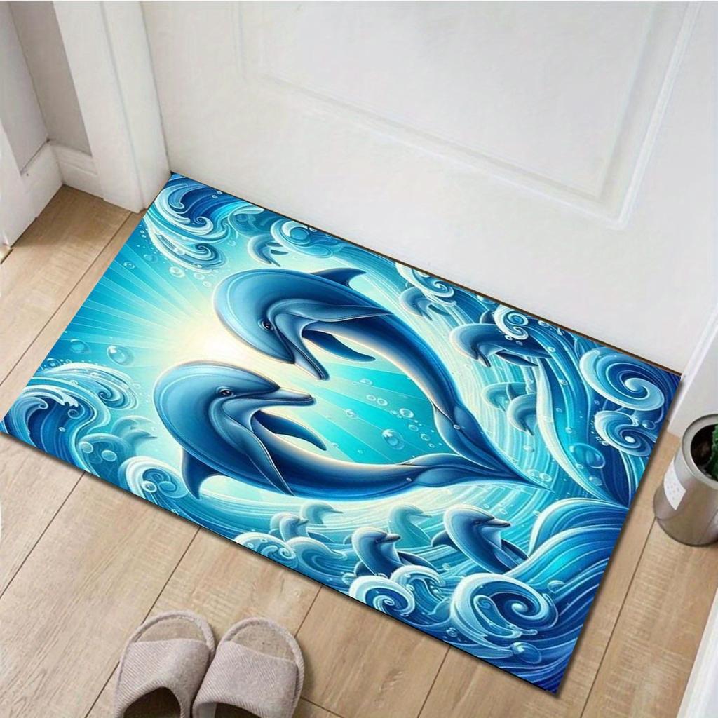 3D Dolphin Ocean Waves Print Area Rug - Polyester Non-Slip Rectangle Floor Mat for Living Room, Bedroom, Dining Area, Laundry