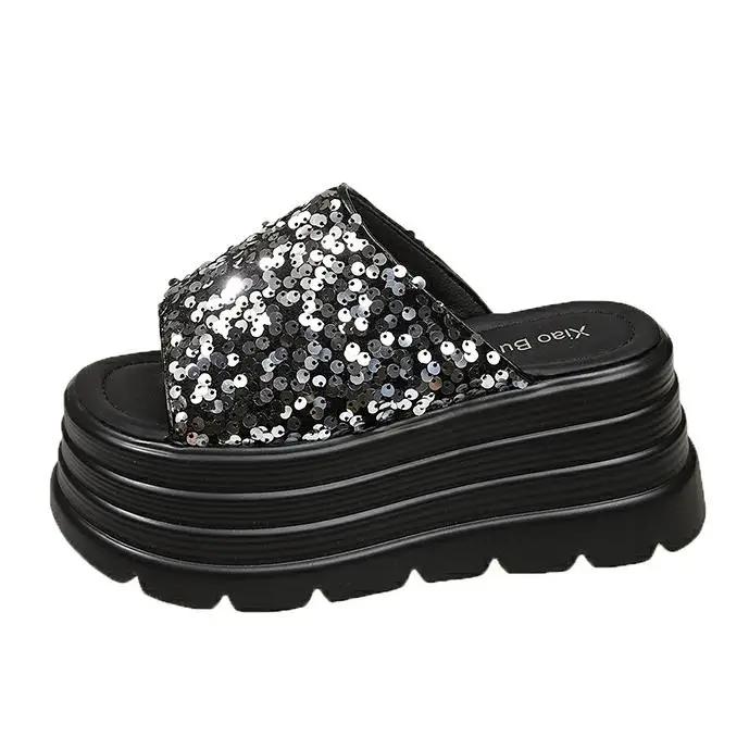 

Fashion 8CM Thick Bottom Summer Bling Slippers Women s Sandals Women Wedges High Platform Flat Shoes Woman Beach Open Toed Flip Flops 39 серебряный