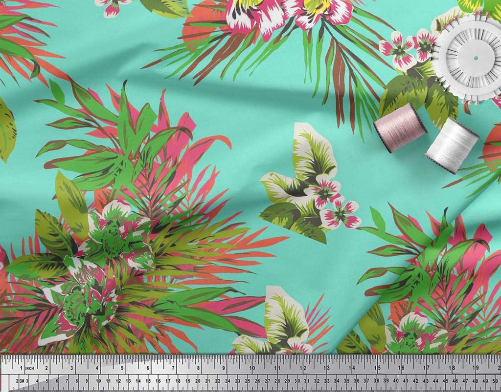 Soimoi Cotton Cambric Fabric Leaves & Lily Flower Print Sewing Fabric Metre 42 Inch