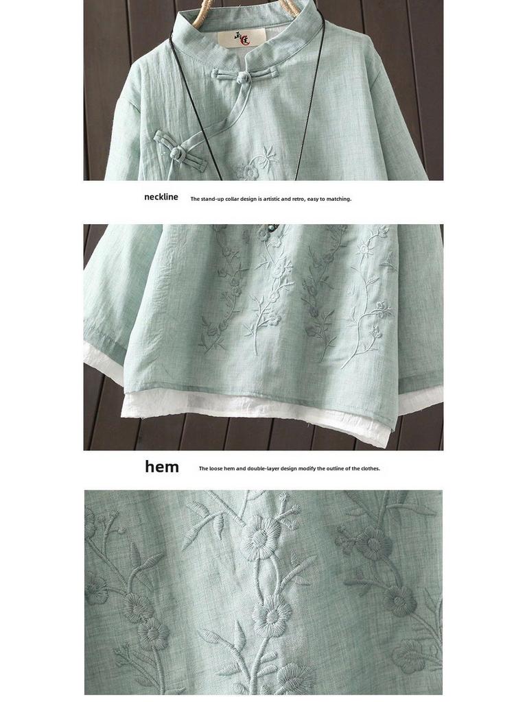 Women's 2024 Retro Embroidered Cotton-Linen Button-Up Shirt - Chinese Zen Tea Service, Loose Fit, Round Neck.