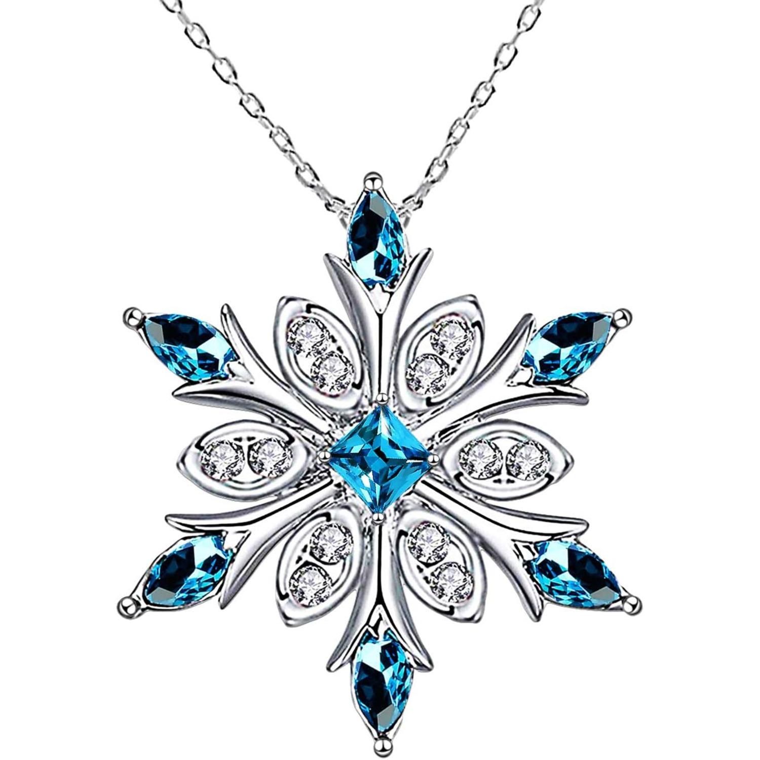 Women s Silver Plated Blue Crystals Snowflake Pendant Fashion Necklace Collarbone Chain For Christmas For Winter Jewelry 40cm