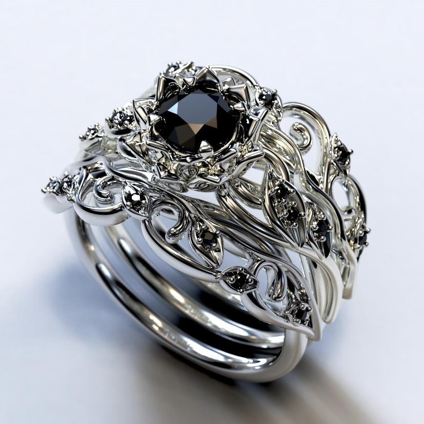 Модный женский трехкомпонентный набор украшений: Кольцо Цветочная Волна с Акцентом из Черного Алмаза Size 5