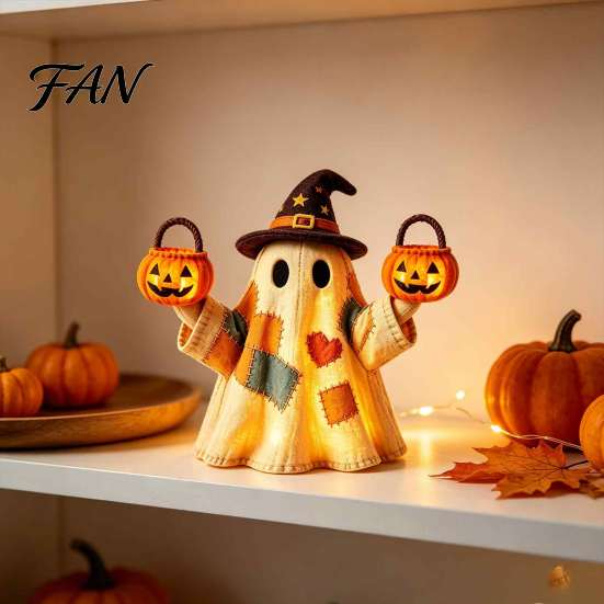 Decorazione Autunnale Spettrale e Carina Luce Fantasma Patchwork Vintage, Decorazione di Halloween per Esposizione in Casa, Ornamento in Stile Statuetta Fantasma di Ispirazione Vintage con