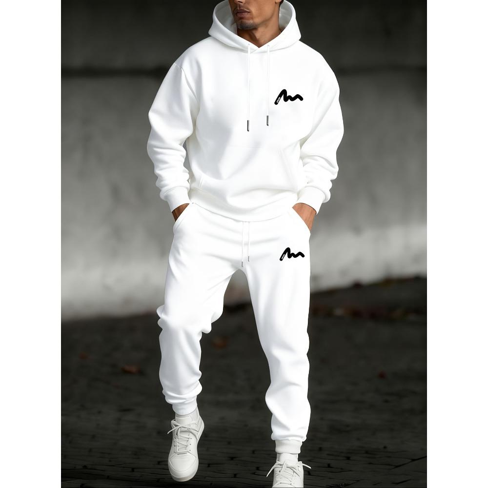 Fashionable Casual Men's Set, Printed Drawstring Pocket Hoodie and Drawstring Outdoor Casual Sports Pants Set, Cool Set