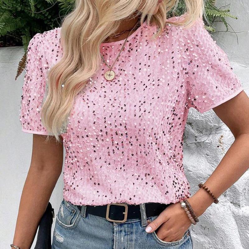 Sequined Crew Neck Summer Women Blouse Commuter Loose Short Sleeved Top Women's Casual Elegant T-shirt Fashion Simple Streetwear Sweet Simple Shirts