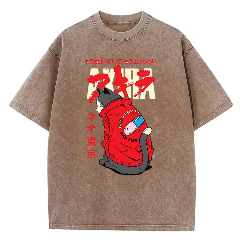 T Shirt Vintage Washed Cotton T-Shirt Japanese Anime Akira Tokyo Cat Graphic Tee Casual Streetwear Spring Summer