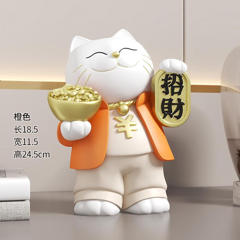 Maneki-neko Ornament for Living Room Home Decor with Ingot, Premium Housewarming Gift & Grand Opening Present for New Stores