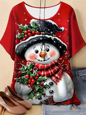 Elegant Snowman Printed Red Christmas Top for Women, Short Sleeved T-shirt, Casual Winter and Summer Women's Clothing