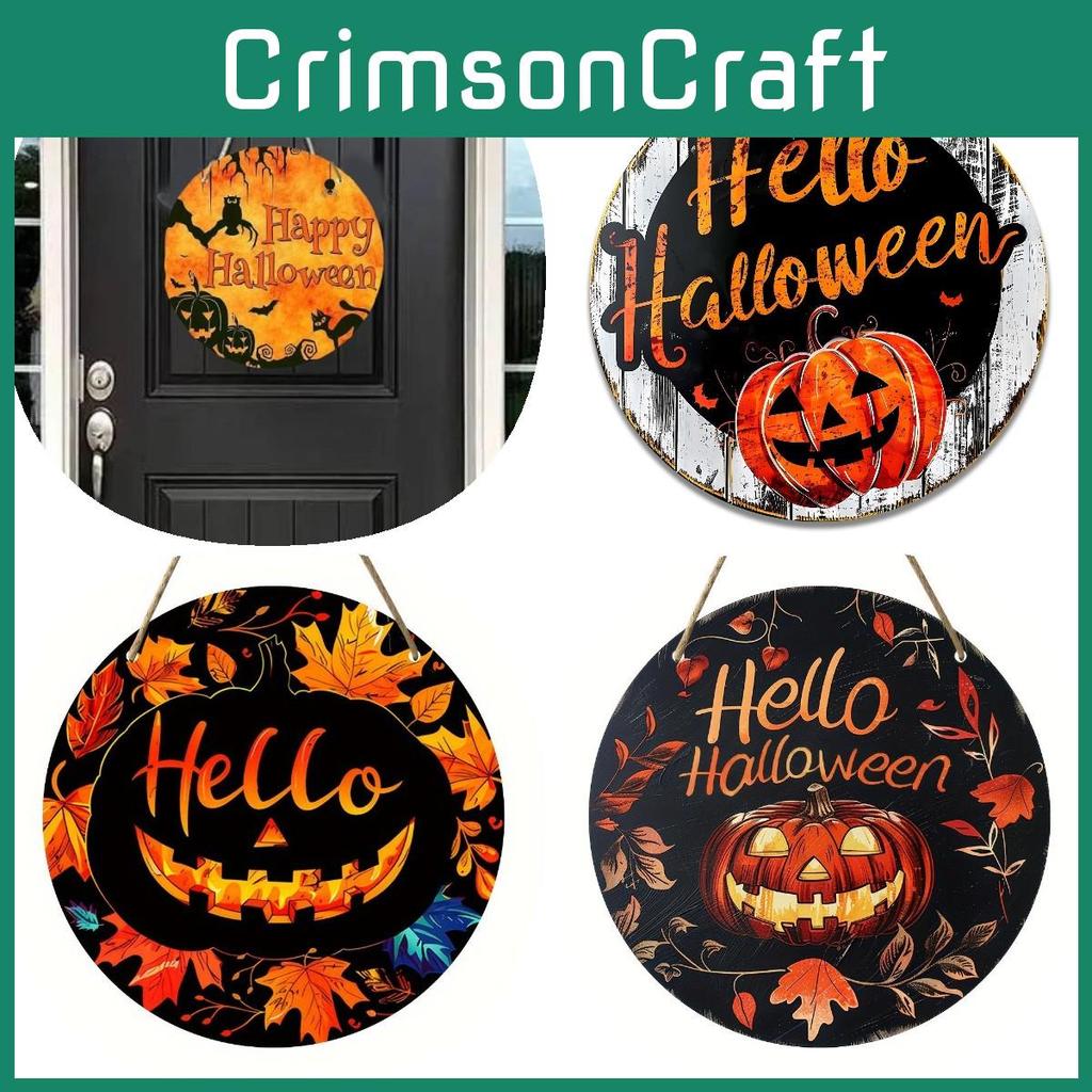 Contemporary Round Wooden Decor Sign For Halloween With Charming Black Cat Pumpkin And Ghost Motifs