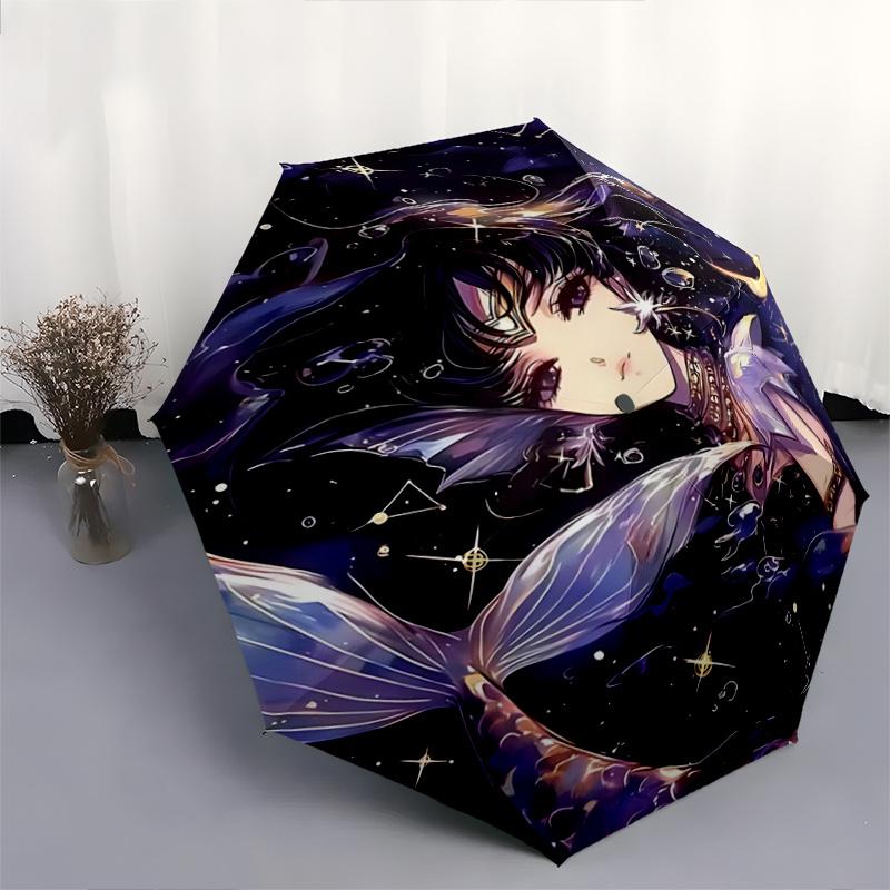 1pc Starry Night Mermaid Automatic Opening Folding Umbrella with Constellation Print, 8 Bone Iron Frame, Outdoor for Fans, Travelers, Daily Use,