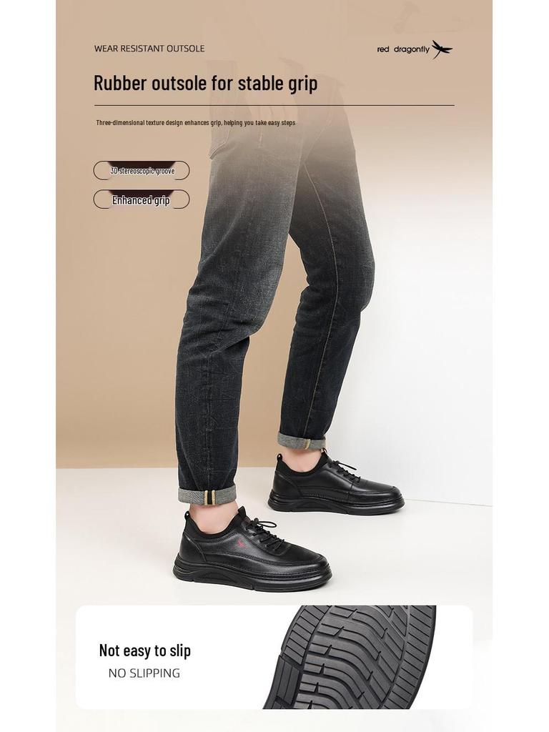 Red Dragonfly Men's 2025 Autumn Waterproof Leather Sneakers - Soft Sole Black Casual Shoes