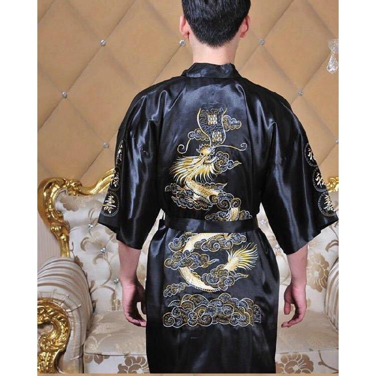 GMXIA Men's Tang Suit Bathrobe with Black Embroidery Pajama