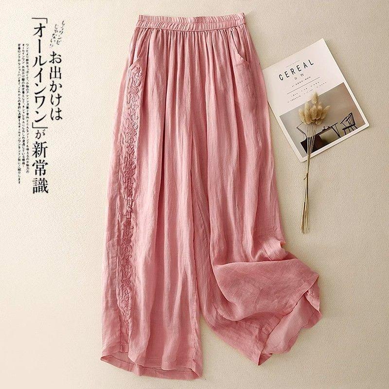 Neun-Punkte-Hose mit weitem Bein für Damen im Sommer, dünn, atmungsaktiv, Retro-Stickerei, elastischer Bund, locker fallend, Baumwolle und Leinen, Freizeit-Hose