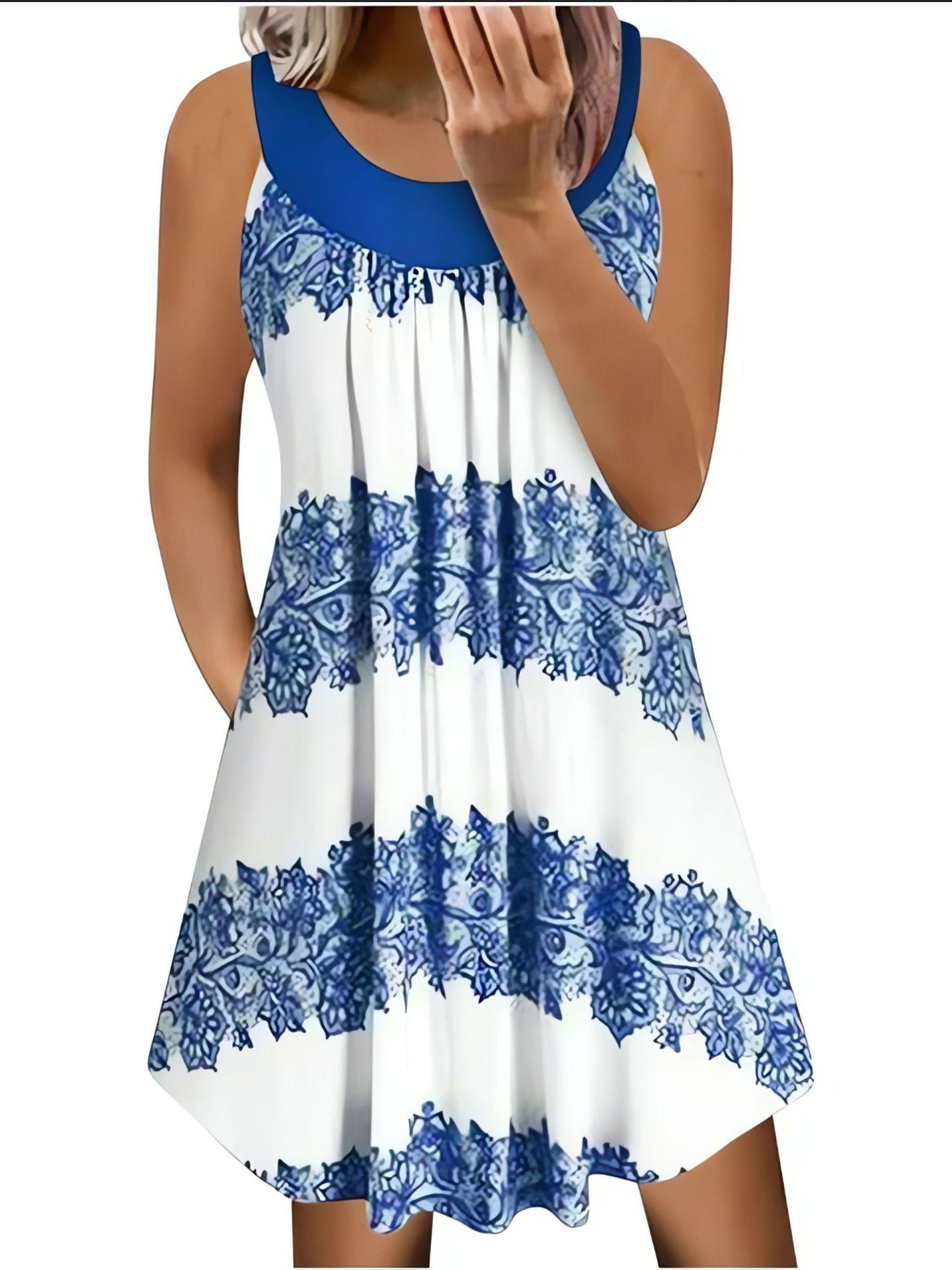 

2 Spring/Summer Casual Striped Halter Printed Dress XXL синій