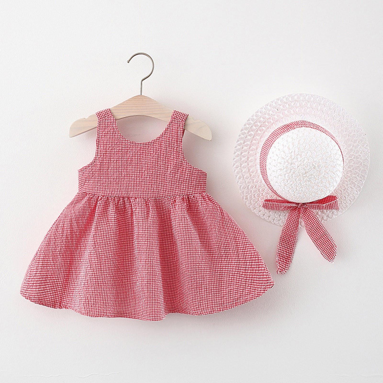 

Toddler Baby Kids Girls Plaid Princess Dress Straw Cap Hat Outfits Set 90 червоний