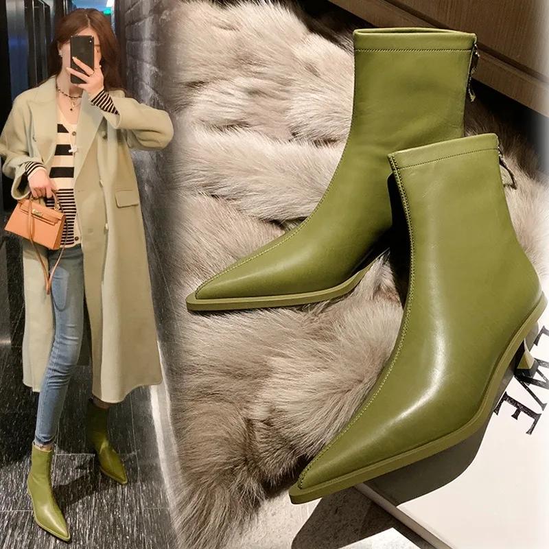 Fashion New Pointed 5.5cm Slim Heel Cowhide Back Zipper Short Boots European American Slimming Ladies' Temperament Ankle Boot Sizes34-43