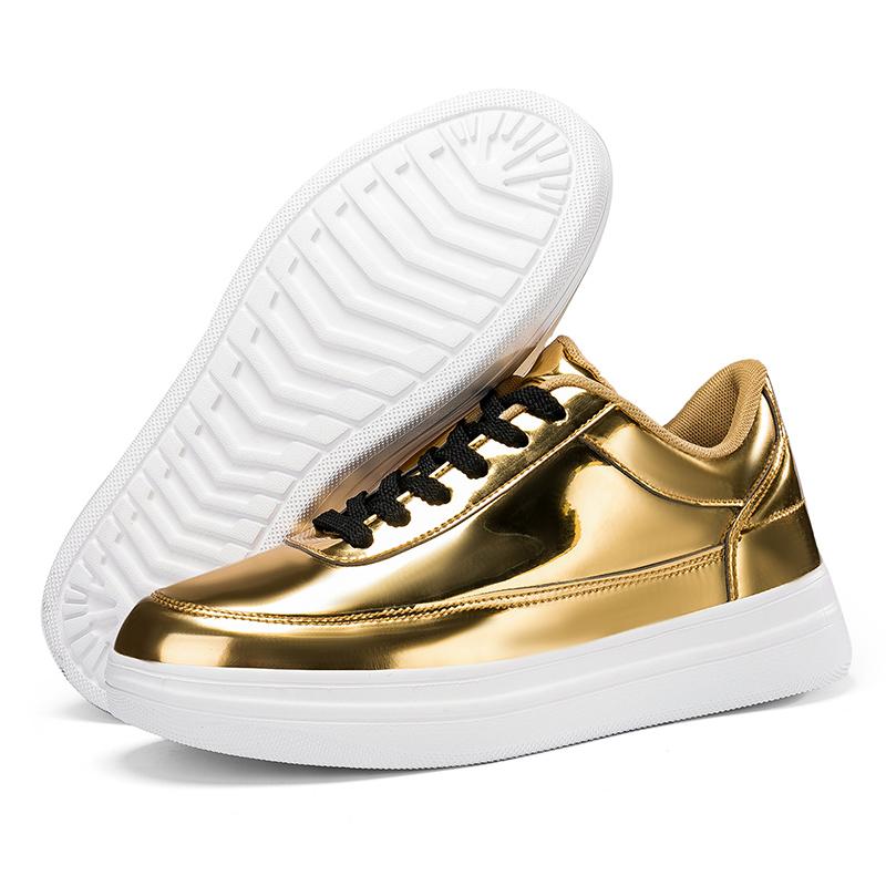 Fashion Men Shoes Lacquer Leather with Shiny Surface and Thick Base Fashion Casual Sport Lamp Party Golden Black Boots Flats Sneaker