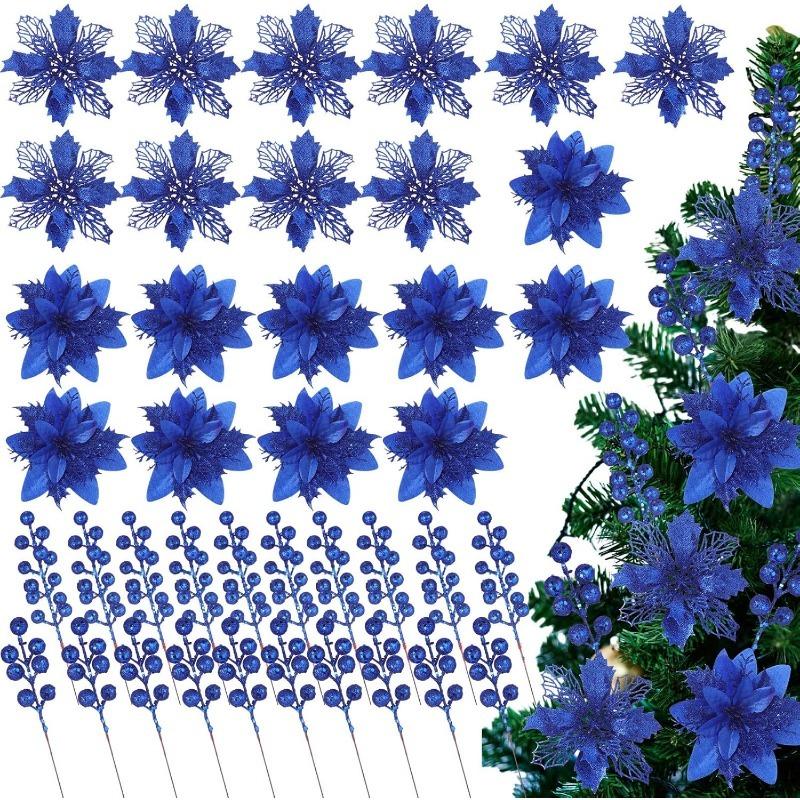 

3Pcs White Artificial Glitter Flower Stems Christmas Tree Decoration Xmas Tree Hanging Home Decor with Berry Flowers Gift Decor 3Pcs синий