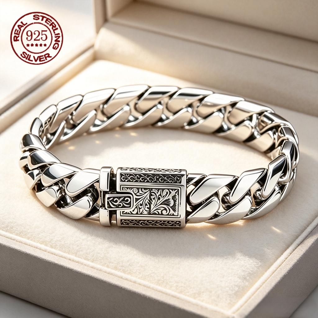 Retro Engraved Pattern Buckle S925 sterling silver Men Bracelet Wide Cuban Curb Chain Fashion Male Silver Wrist Jewelry