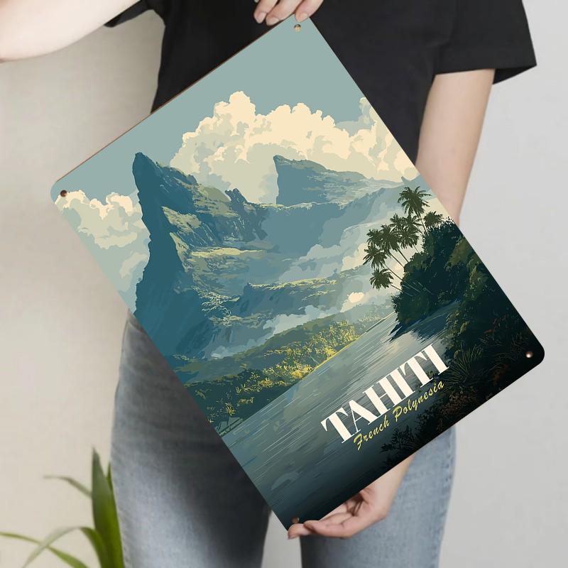 

Tahiti French Polynesia Vintage Metal Wall Art Mountain Palm Tree Landscape Decor for Home Office 20x30cm（7.8x11.8inch）