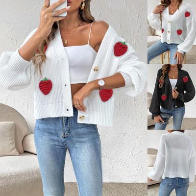 Women's New Autumn Winter Wool Three-dimensional Strawberry Splicing Cute Style Sweater Cardigan Button Jacket