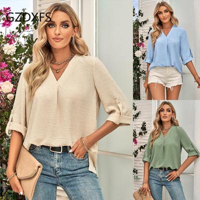 DX-Spring/Summer New Women's Fashion Solid Loose V-neck 3/4 Sleeve Top