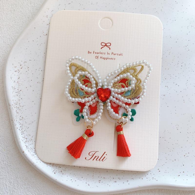 Neujahrs-Rote Perlen-Haarspangen für Kinder - Süße Schmetterling-Quasten-Barretten, Chinesischer Hanfu-Stil, Niedliche Haaraccessoires