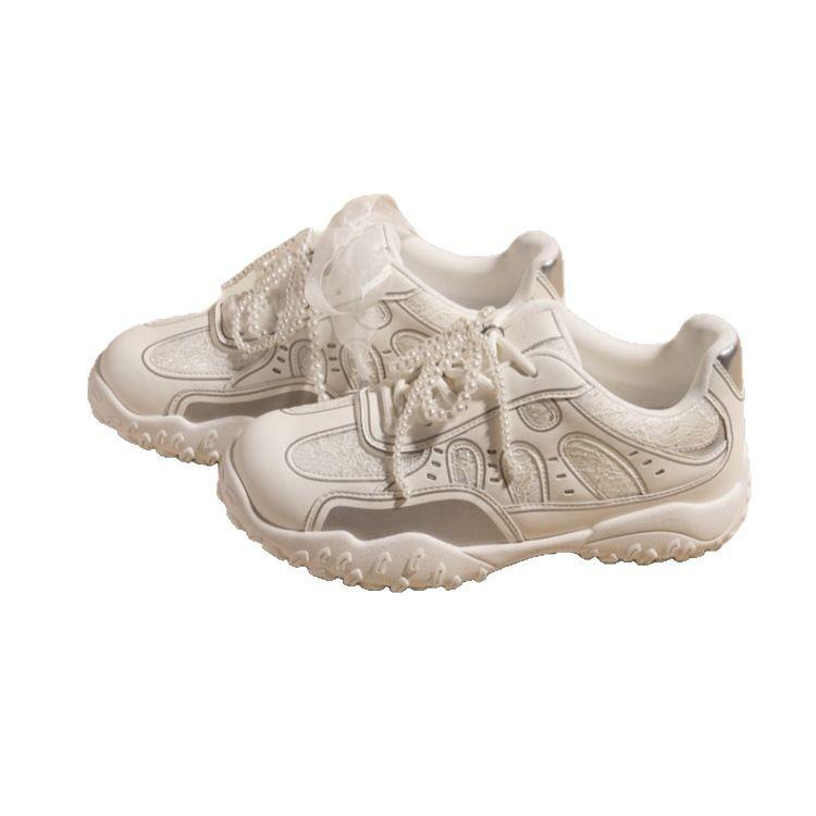 Cowhide version~ 7 cm height increase crescent lace pearl training shoes women's spring casual platform Forrest Gump sports shoes