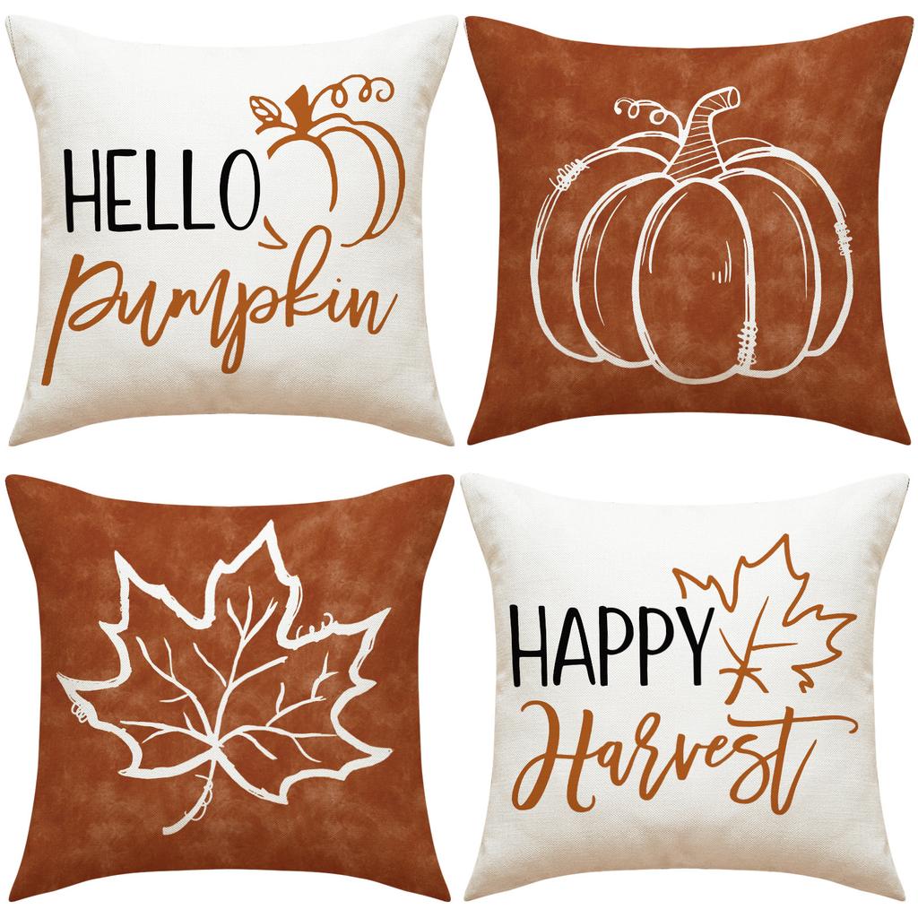 Pumpkin Maple Leaf Letter Cushion Cover Autumn Harvest Linen Print Sofa Cushion Cover Bedroom Bedside Cushion