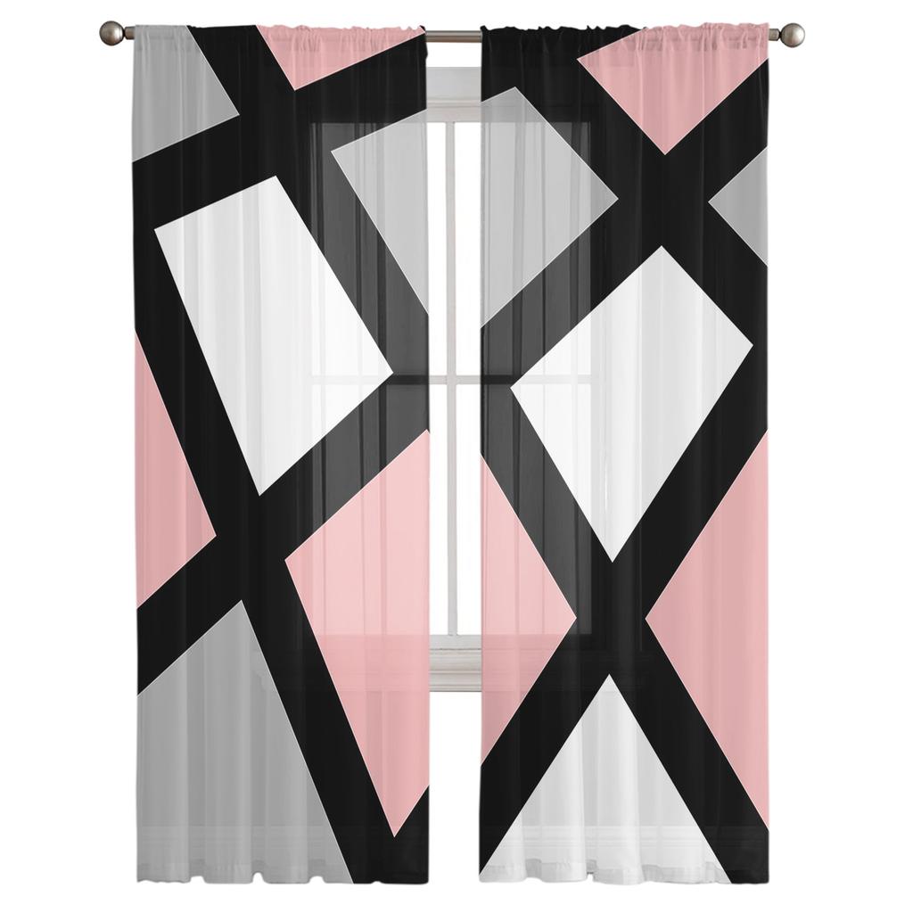 Pink Black Ash Geometric Square Voile Sheer Curtains Living Room Window Chiffon Tulle Curtain Kitchen Bedroom Drapes Home Decor