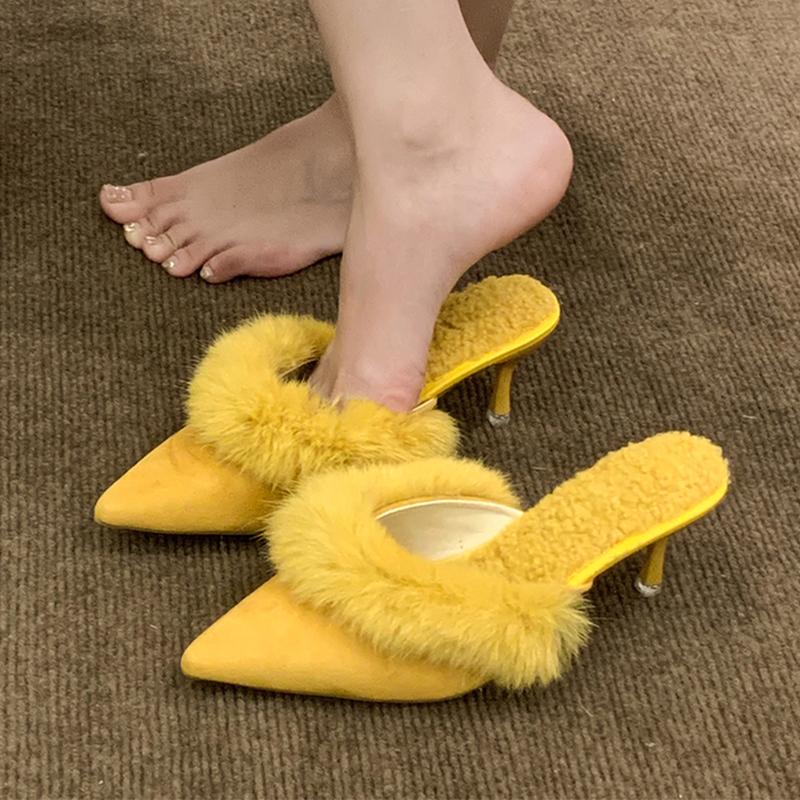 Fur Women High Heels Slippers Pointed Toe Slingback Mules Shoes Sexy Pumps 2025 Winter Designer Luxury Botines Mujeres
