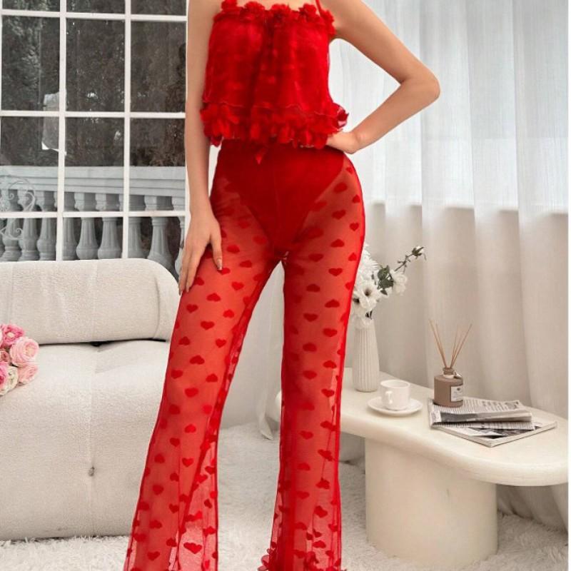 Womens Sheer Mesh Heart-Print Bodysuit With Matching Panty Set - Red S To XXL