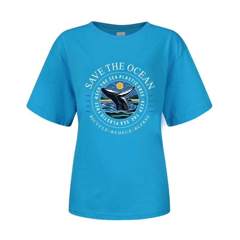 Spring Summer Whale Swimming Letter Pattern Printed Loose Fitting Cotton Short Sleeved Round Neck T-Shirts Women’s