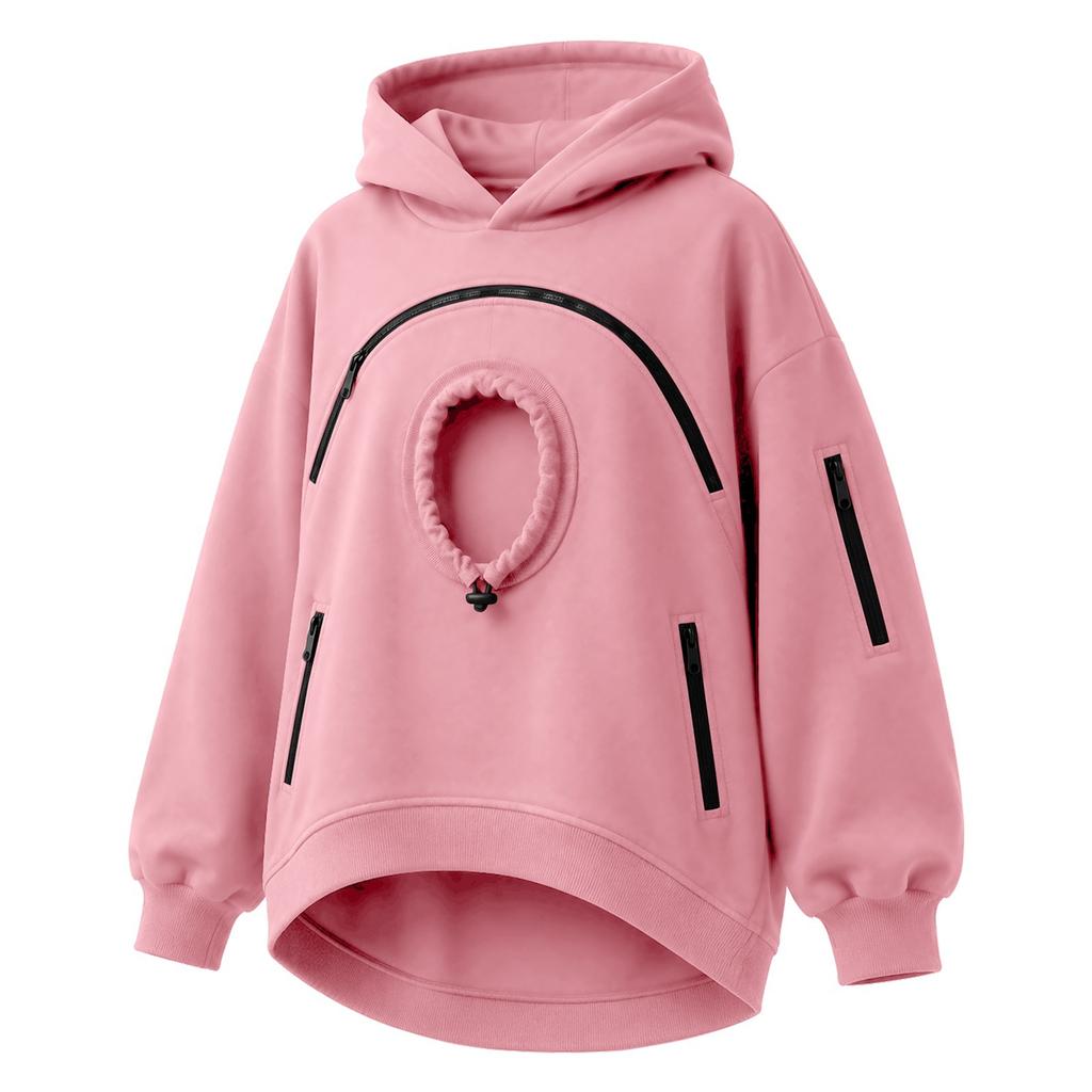 Dámský svetr s kapucí a kapsou na mazlíčka (kočku), ležérní, na zip, s dlouhým rukávem, fleecový top s kapucí