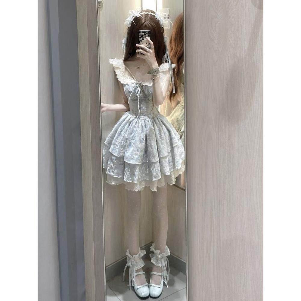 Pure desire sweet spice girl waist floral dress girlish design lace small flying sleeve princess fluffy cake short skirt