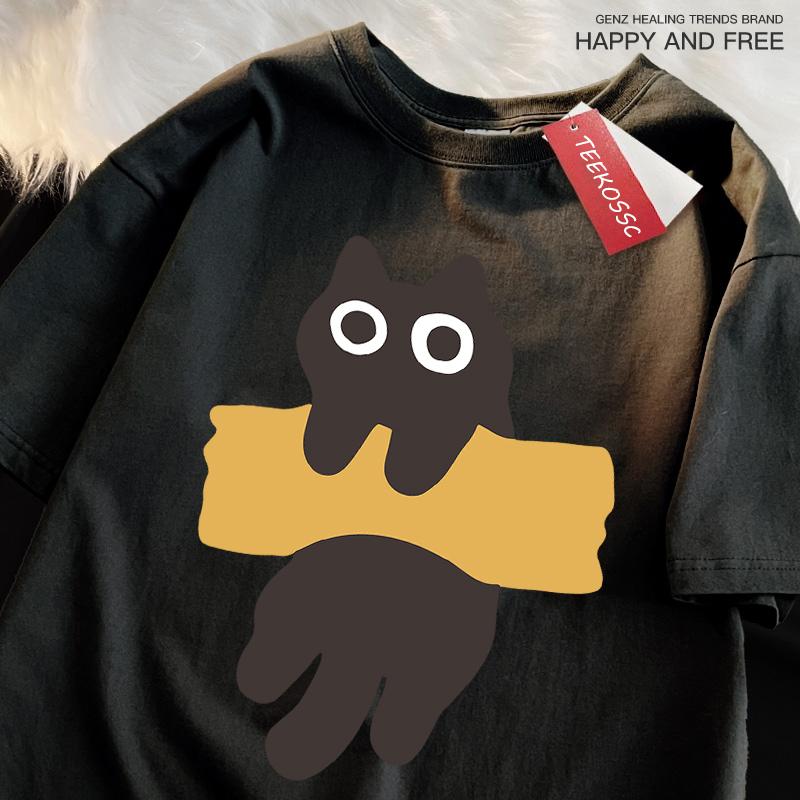 Fun Adhesive Tape Cat Print Japanese Style Short Sleeve Men Women Cotton Oversized T-Shirts Oversized O-Neck New Tops Tees