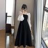 Goddess Style Mid-length Temperament Small Black Skirt Autumn New French Socialite Retro Square Collar Long-sleeved Dress