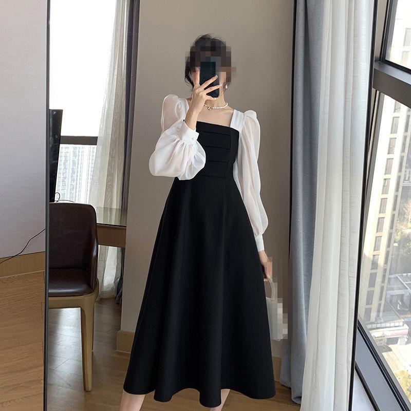 Goddess Style Mid-length Temperament Small Black Skirt Autumn New French Socialite Retro Square Collar Long-sleeved Dress