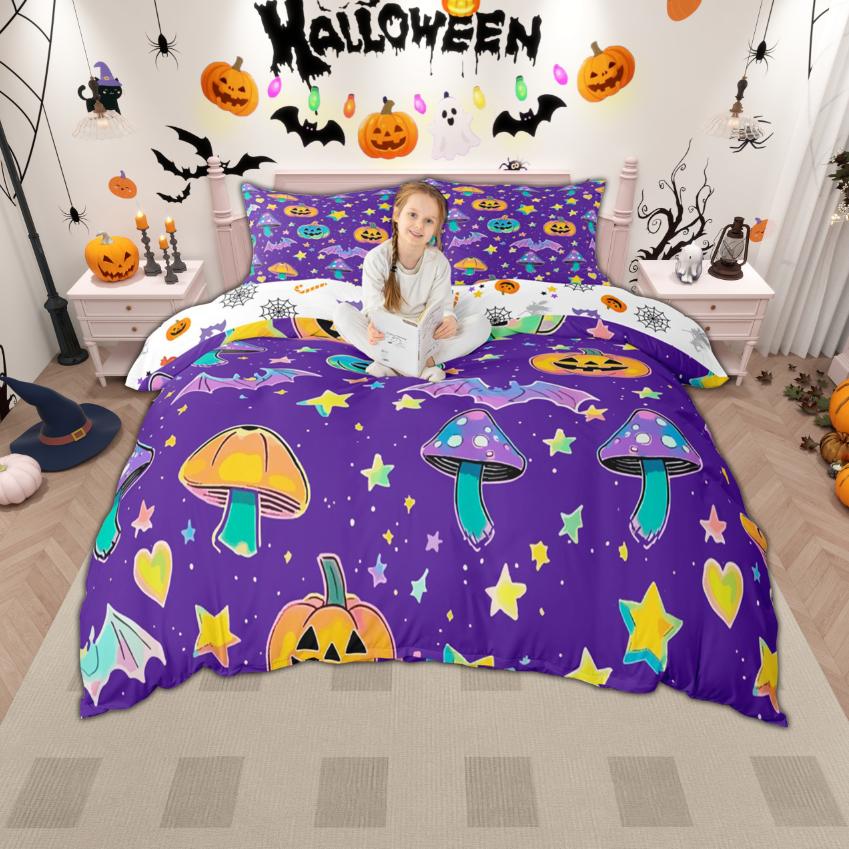

Homewish Cartoon Mushroom Duvet Cover Set 2pcs/3pcs, Glitter Stars Bedding, Halloween Pumpkin Quilt Cover Set DE XS 100x135cm 2pcs&set