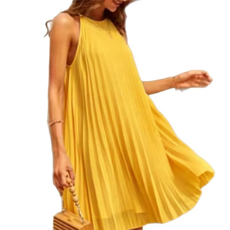 European and American Women's Clothing Spring and Summer New Products Round Neck Sleeveless Pleated Holiday Style Suspender Dress