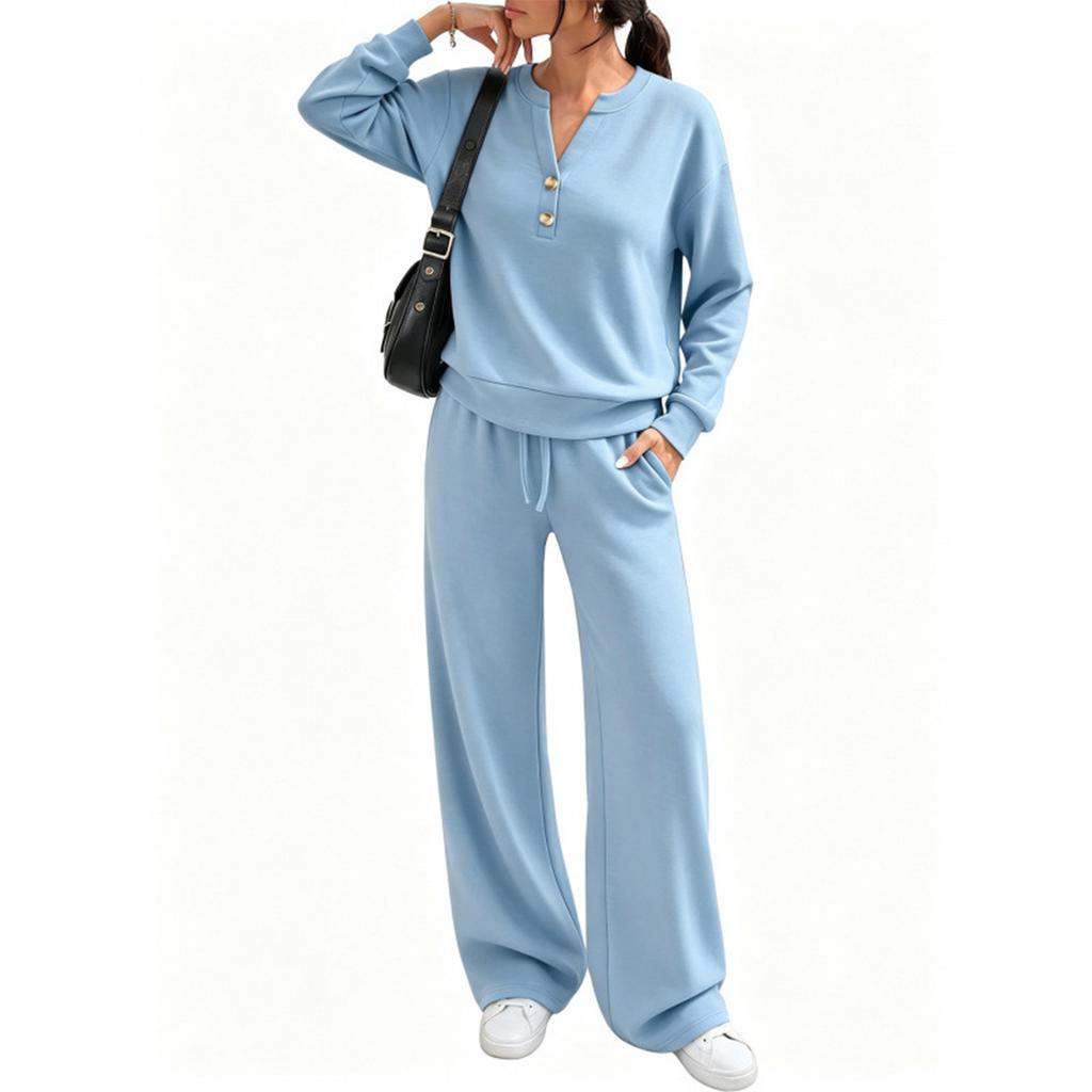 Women's Loose Fit Long Sleeve Top and Wide Leg Pants 2-Piece Tracksuit for Casual Workout