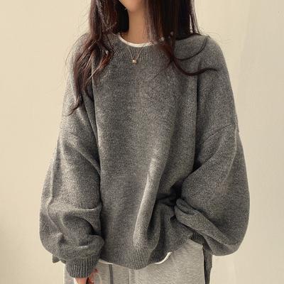 Women's Crew Neck Long Sleeve Sweater Oversized Fit Commuter Solid Color Side Slit Loose Knit Pullover Top